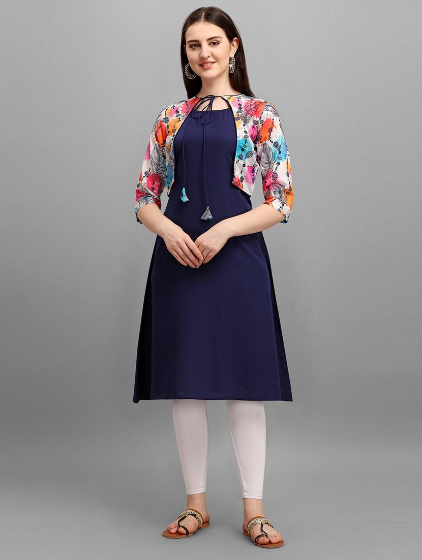 solid a-line kurta with printed jacket - 17871861 - Zoom Image - 4