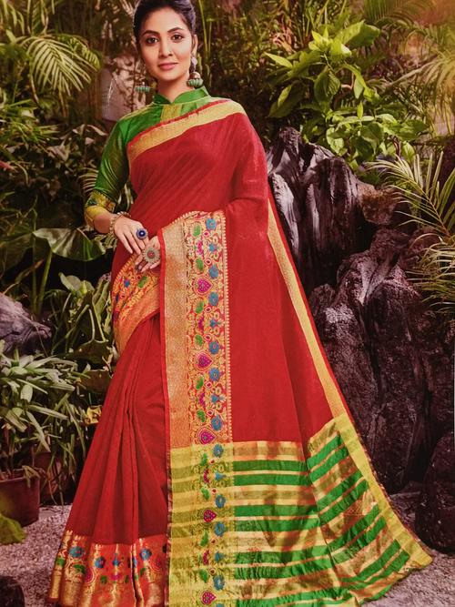 red colour saree with unique border... - 17873312 - Standard Image - 1