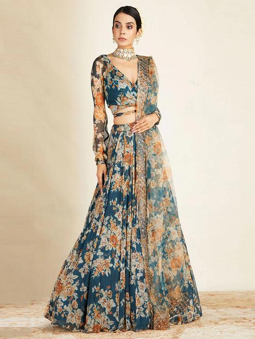 floral print teal flared lehenga - 17873987 - Standard Image - 1