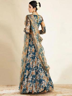 floral print teal flared lehenga - 17873987 - Standard Image - 2
