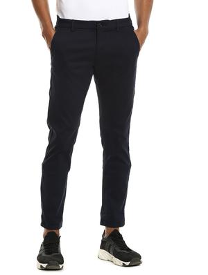 blue solid flat front casual trouser - 17883102 - Standard Image - 3