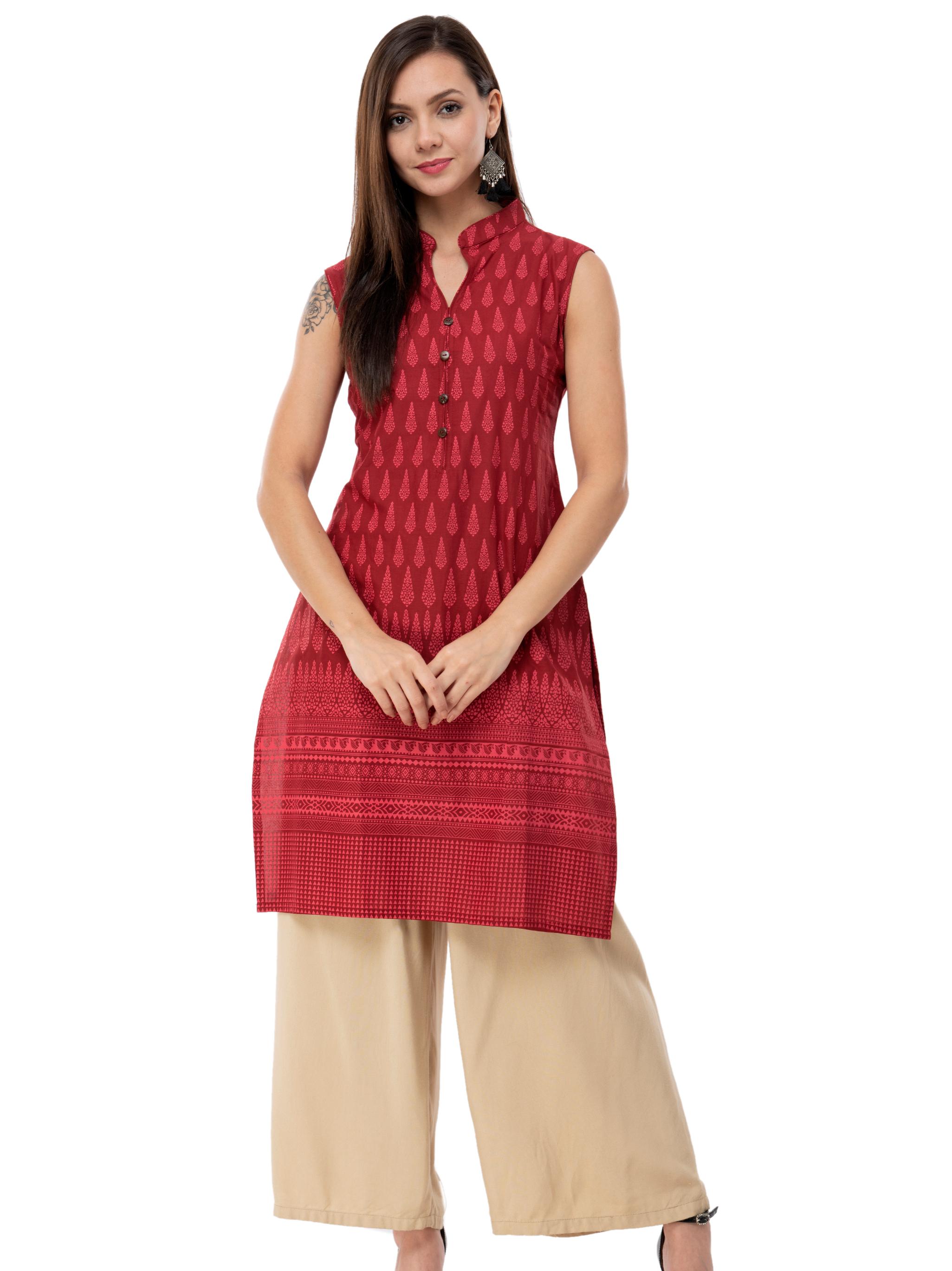 m2r printed cotton blend mandarin collar neck kurti for women - 17885839 - Zoom Image - 1