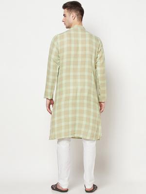 olive green checkered long kurta - 17887232 - Standard Image - 3