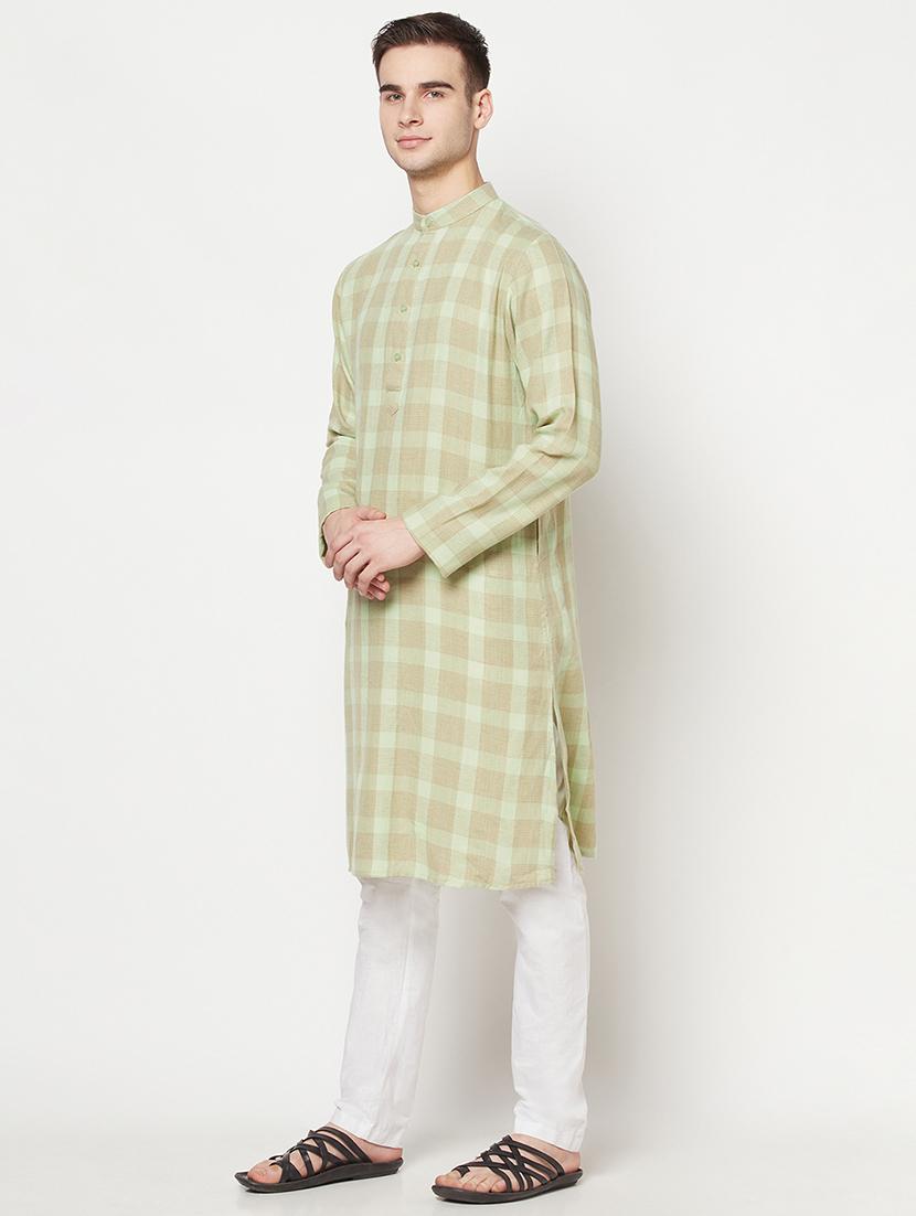 olive green checkered long kurta - 17887232 - Zoom Image - 2