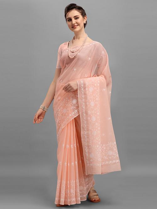 peach cotton embroidered saree with blouse - 17889478 - Standard Image - 1