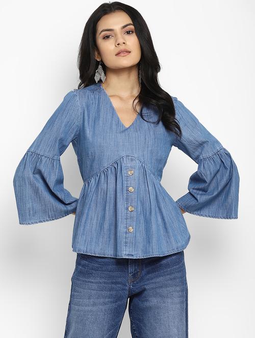 bell sleeved denim top - 17892065 - Standard Image - 1