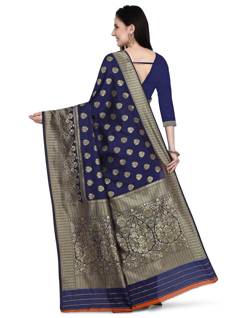 navy chanderi banarasi saree - 17895796 - Zoom Image - 2