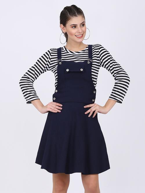 pocket detail solid pinafore dress with striped tee - 17906883 - Standard Image - 1