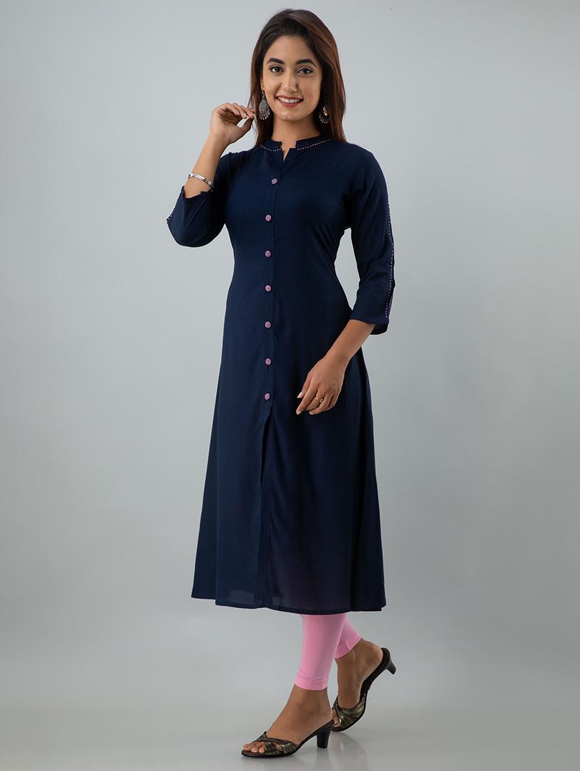 navy blue solid a-line kurta - 17911829 - Zoom Image - 2