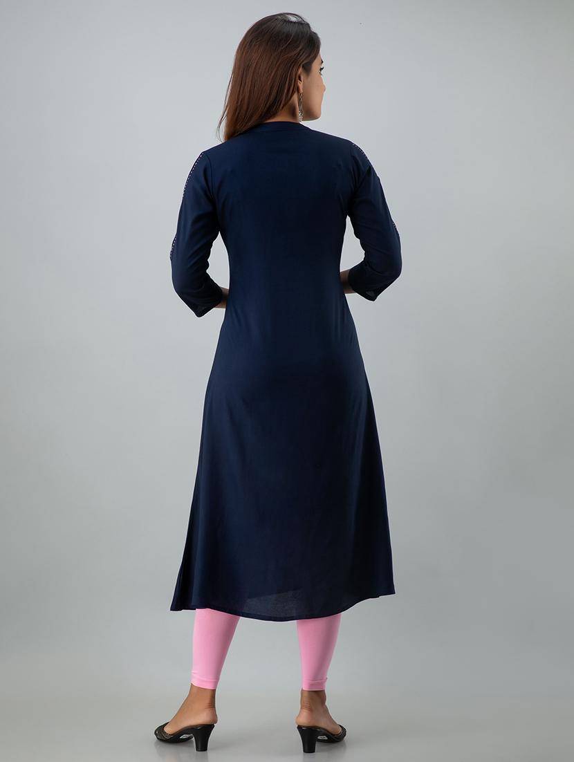 navy blue solid a-line kurta - 17911829 - Zoom Image - 3