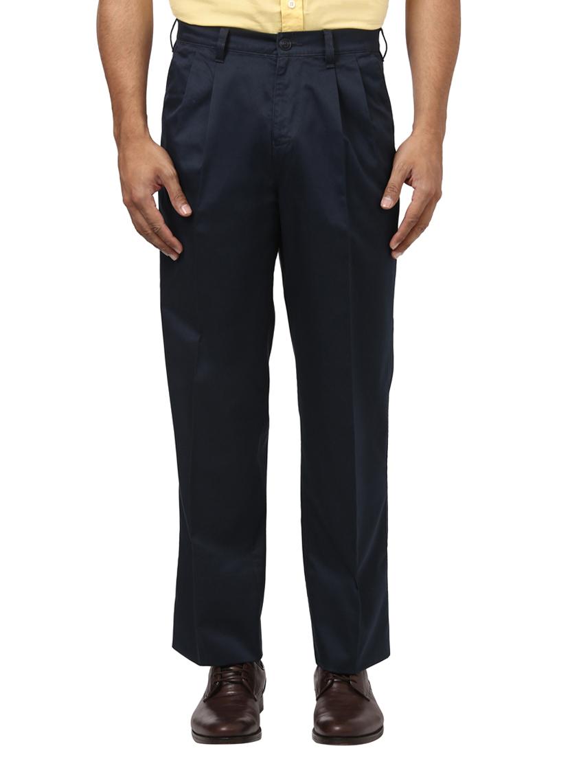 navy blue solid pleated casual trouser - 17916854 - Zoom Image - 1