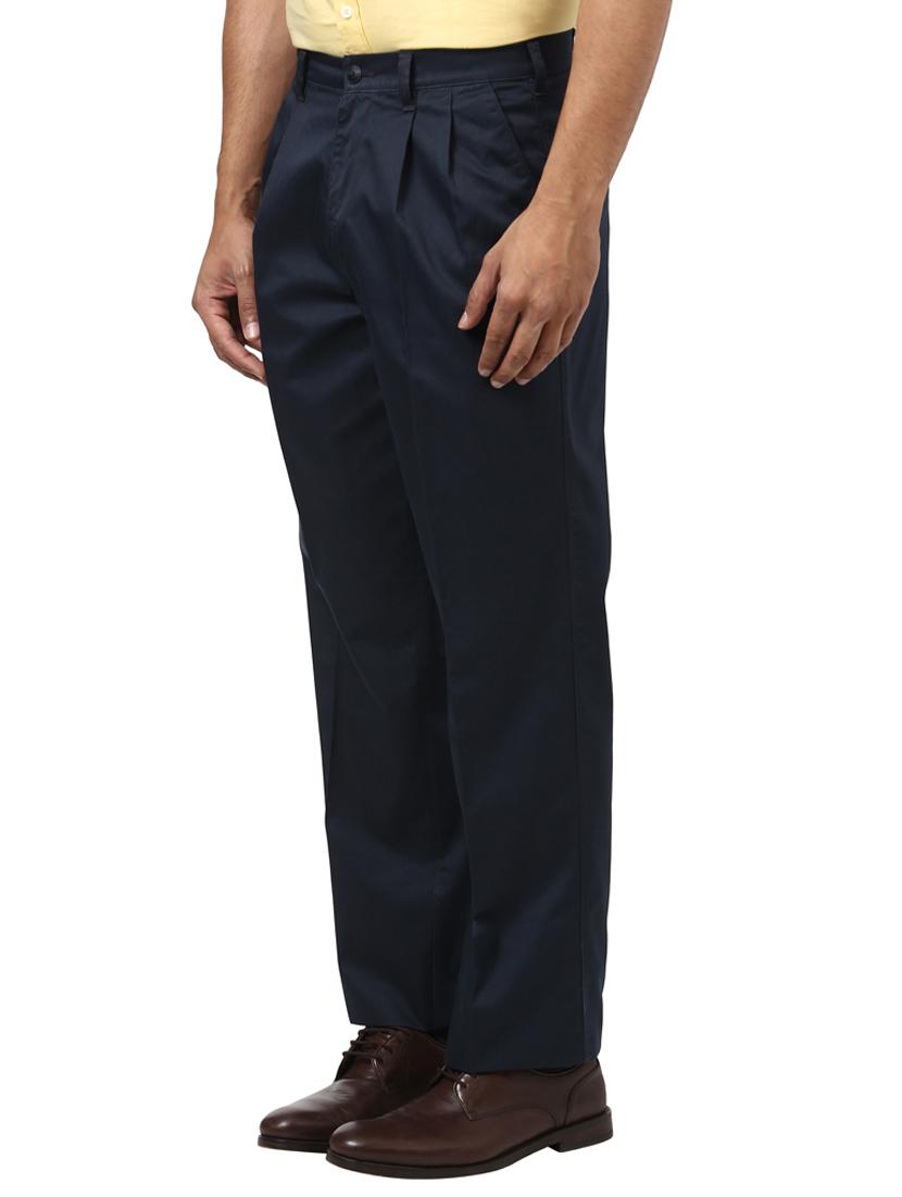navy blue solid pleated casual trouser - 17916854 - Zoom Image - 2