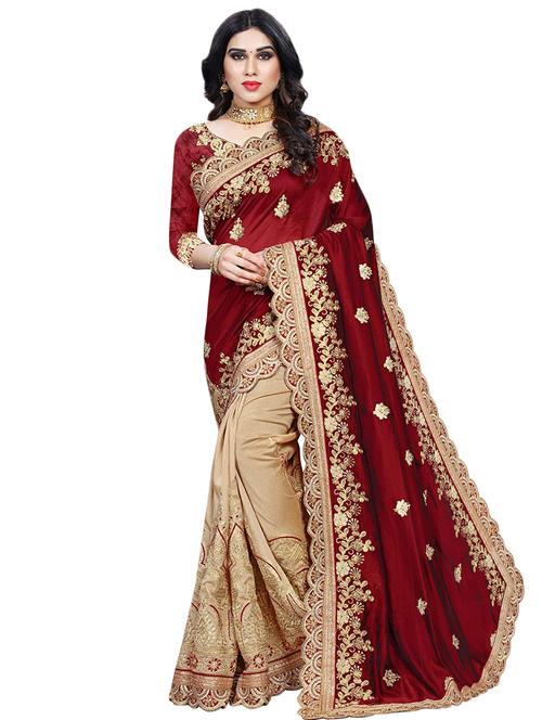 maroon silk blend half and half saree with blouse - 17922488 - Standard Image - 1