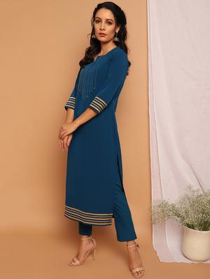 teal crepe kurta pant set - 17922815 - Standard Image - 2