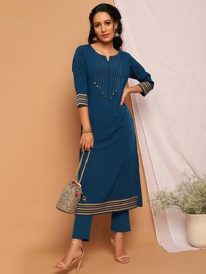 teal crepe kurta pant set - 17922815 - Standard Image - 3