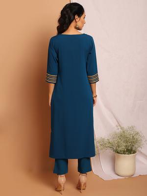teal crepe kurta pant set - 17922815 - Standard Image - 4