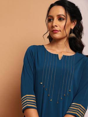 teal crepe kurta pant set - 17922815 - Standard Image - 5