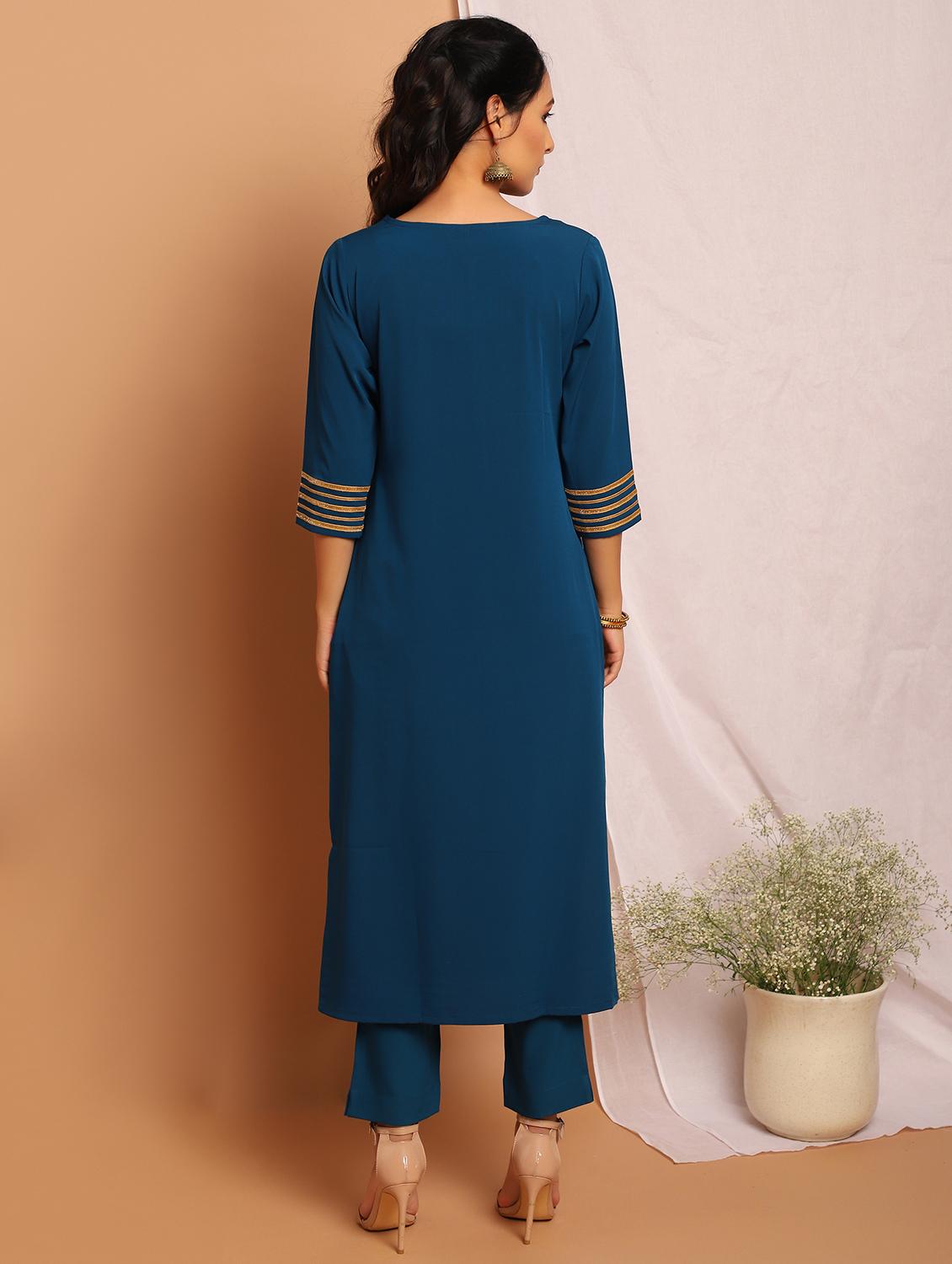 teal crepe kurta pant set - 17922815 - Zoom Image - 4