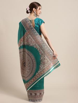 teal printed saree with blouse - 17925686 - Standard Image - 2