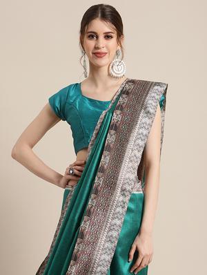 teal printed saree with blouse - 17925686 - Standard Image - 3