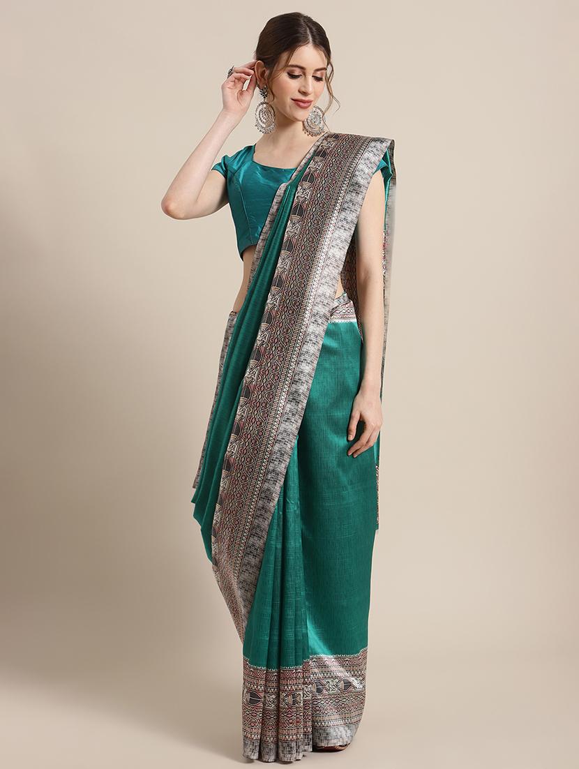 teal printed saree with blouse - 17925686 - Zoom Image - 1