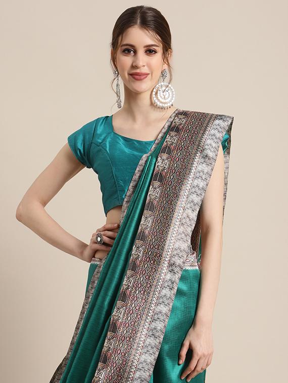 teal printed saree with blouse - 17925686 - Zoom Image - 3