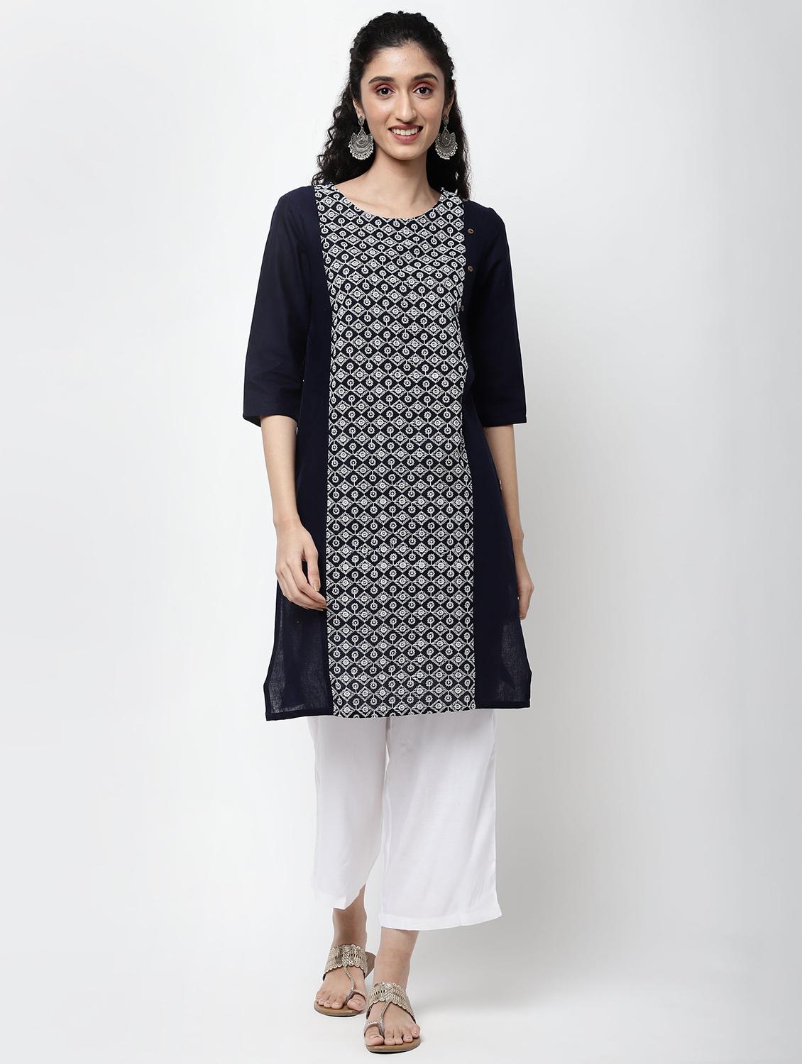 navy cotton straight kurta - 17926920 - Zoom Image - 1
