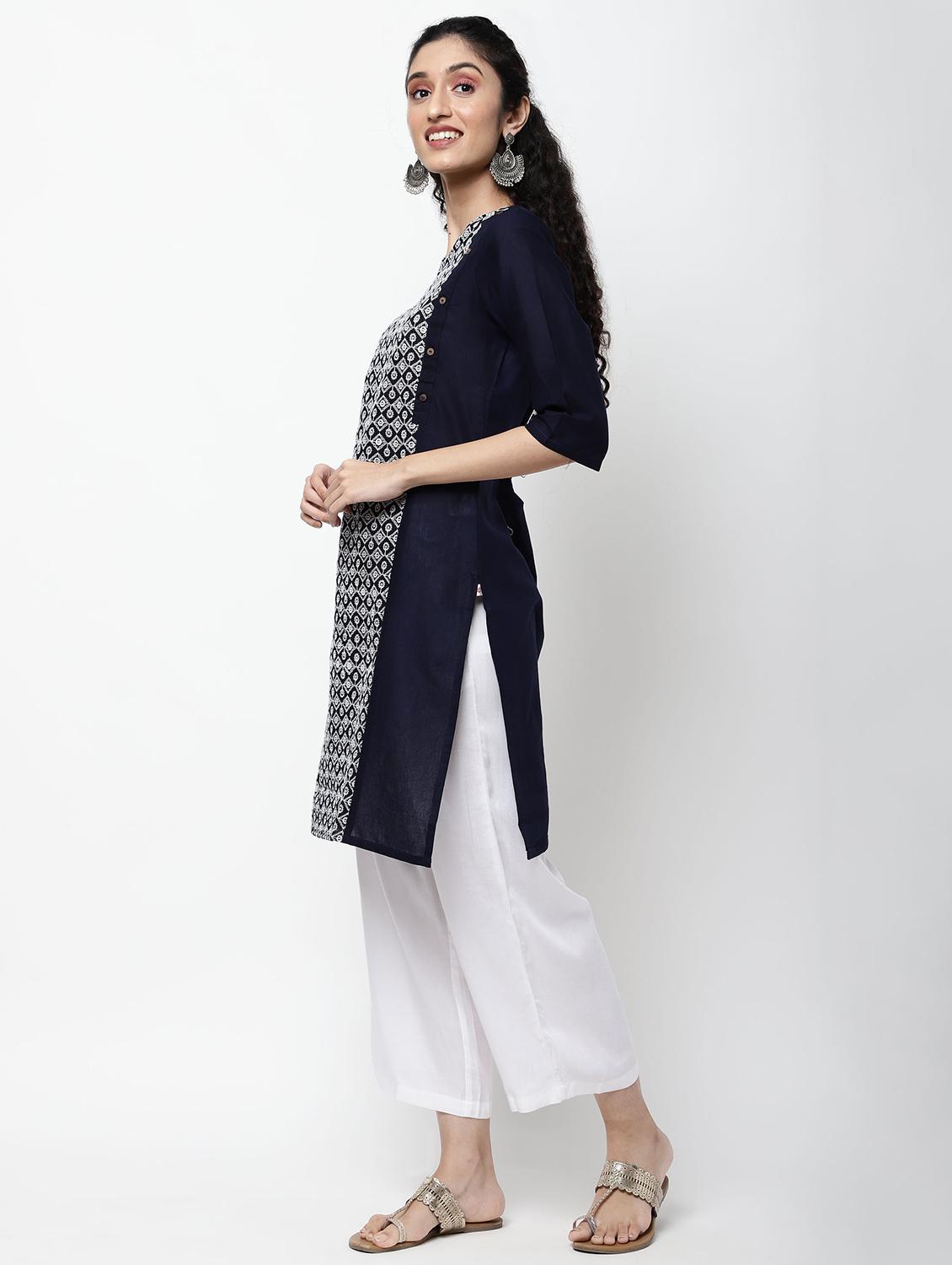navy cotton straight kurta - 17926920 - Zoom Image - 2