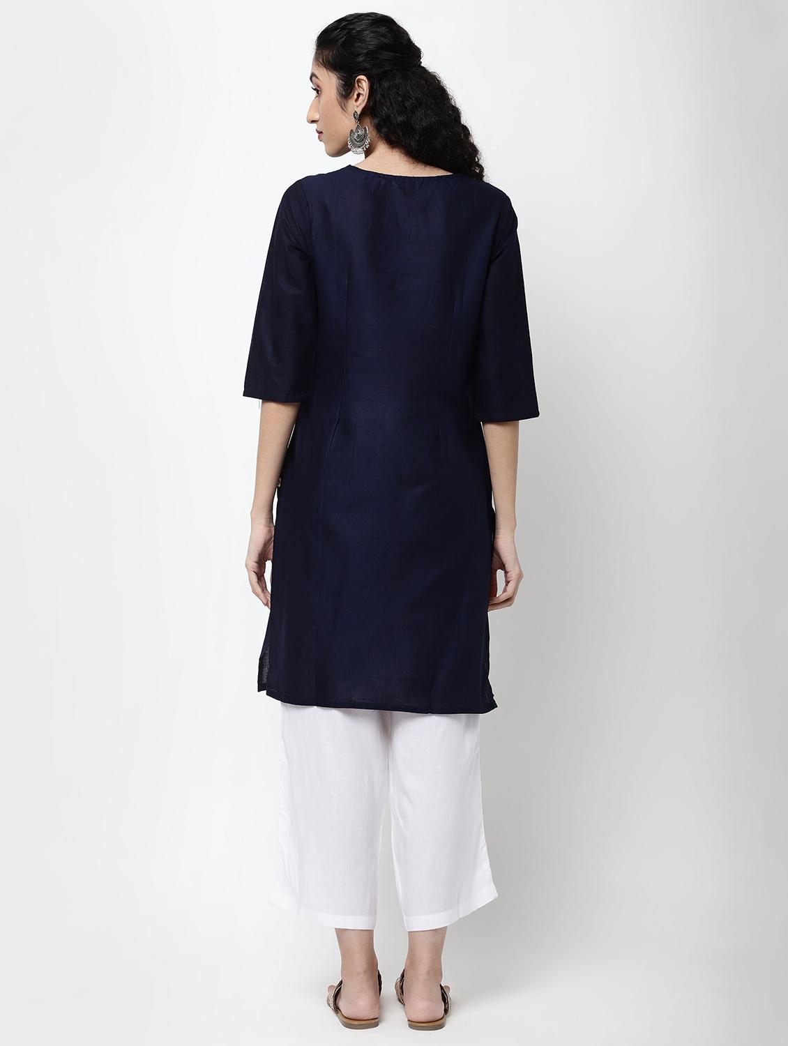navy cotton straight kurta - 17926920 - Zoom Image - 3