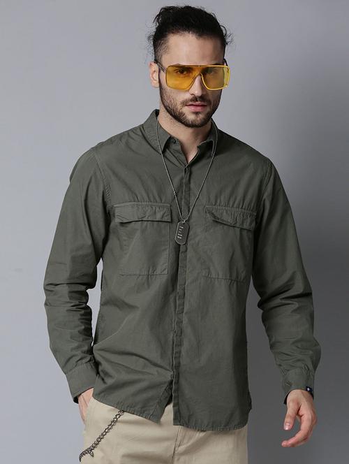 olive green solid casual shirt - 17929090 - Very Small Image - 1