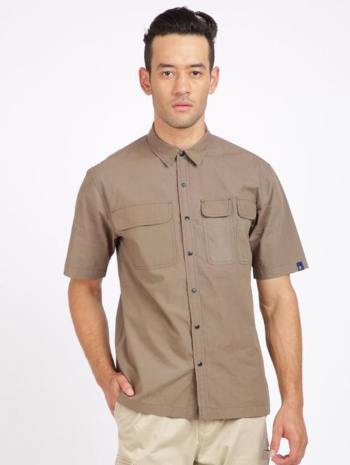 khaki solid casual shirt - 17929093 - Standard Image - 1