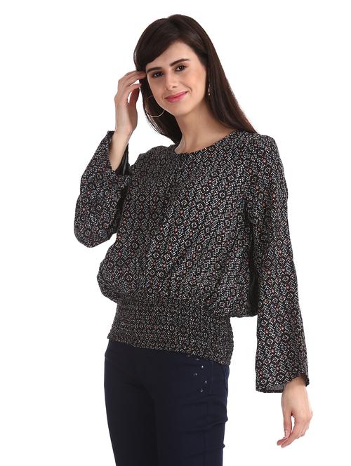 round neck printed blouson top - 17935573 - Standard Image - 1