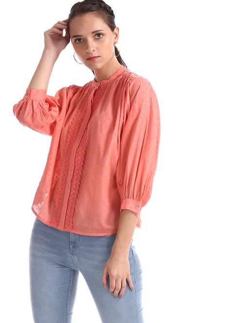 mandarin neck schiffli top - 17935627 - Standard Image - 1