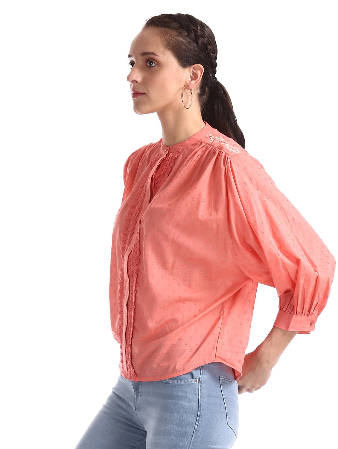 mandarin neck schiffli top - 17935627 - Zoom Image - 2