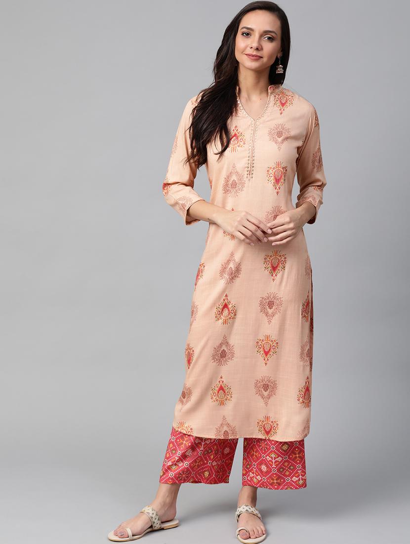 peach rayon kurta palazzo set - 17937680 - Zoom Image - 1