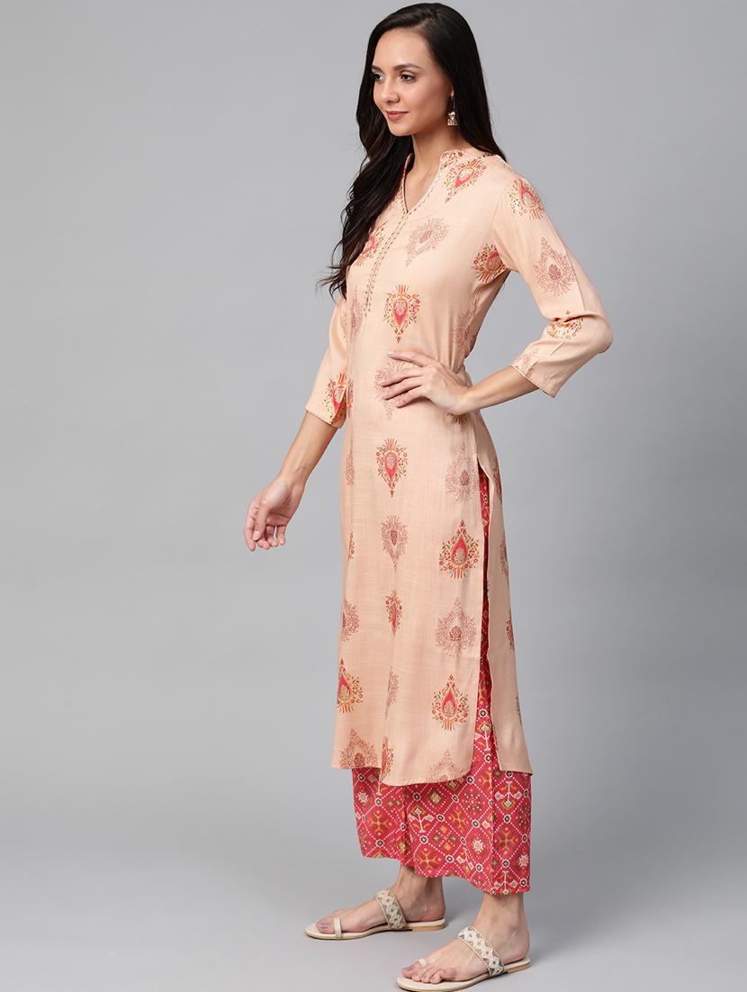 peach rayon kurta palazzo set - 17937680 - Zoom Image - 2