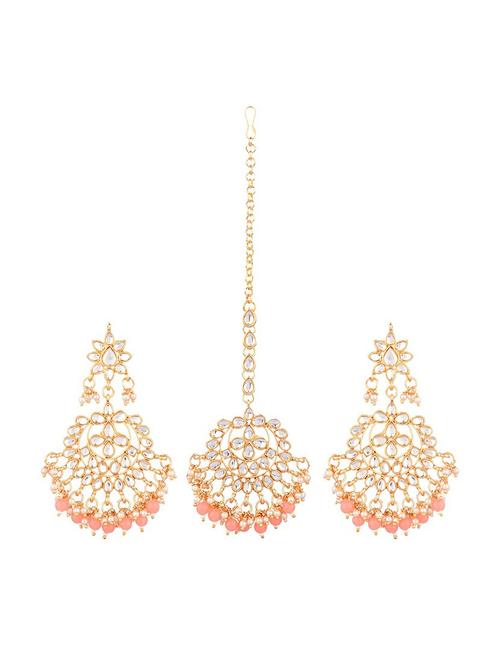 peach traditional kundan maang tikka earrings set - 17937886 - Standard Image - 1