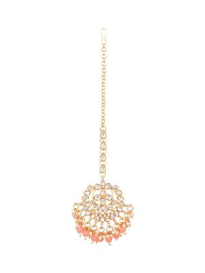 peach traditional kundan maang tikka earrings set - 17937886 - Standard Image - 2