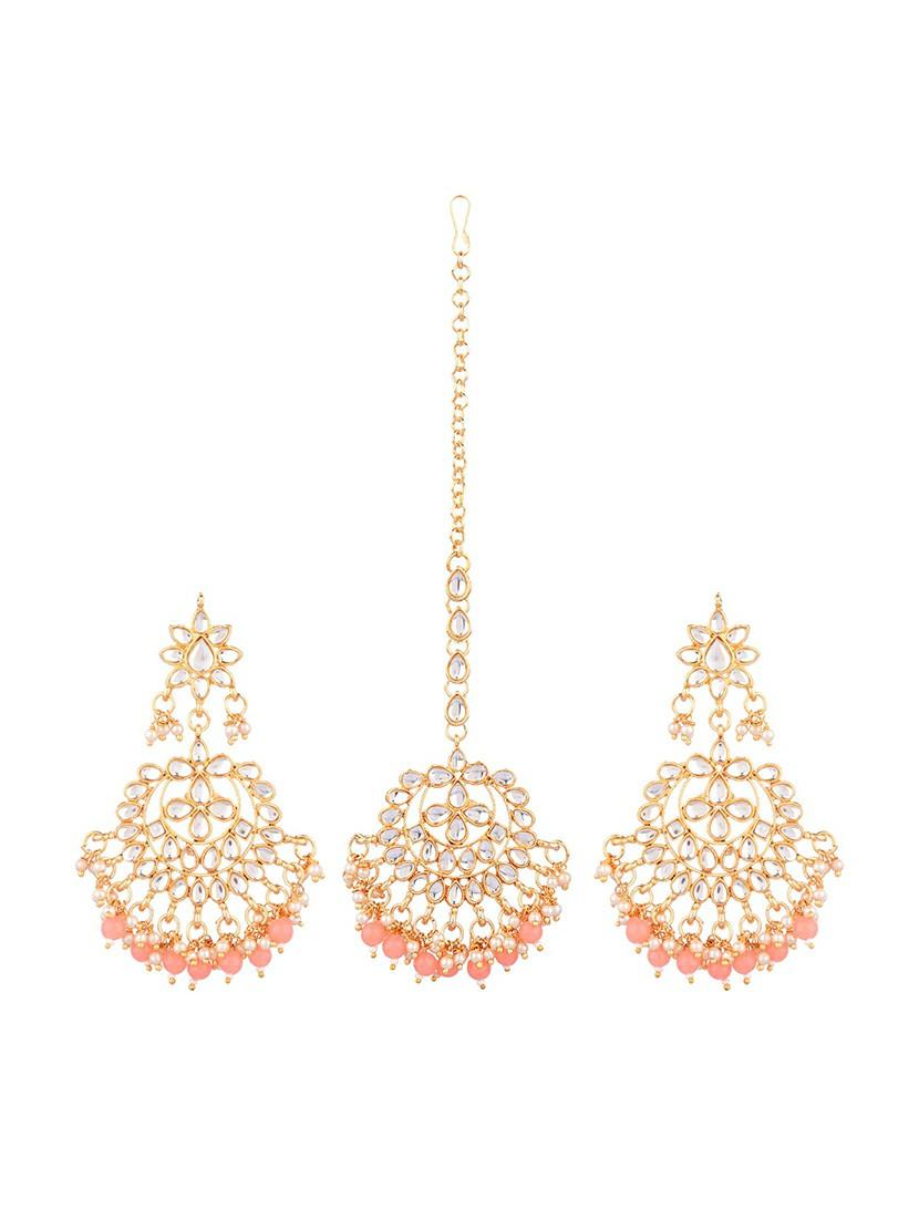peach traditional kundan maang tikka earrings set - 17937886 - Zoom Image - 1