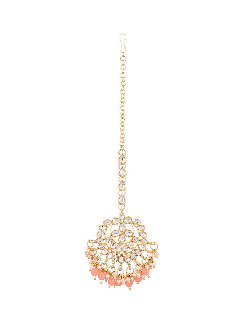 peach traditional kundan maang tikka earrings set - 17937886 - Zoom Image - 2