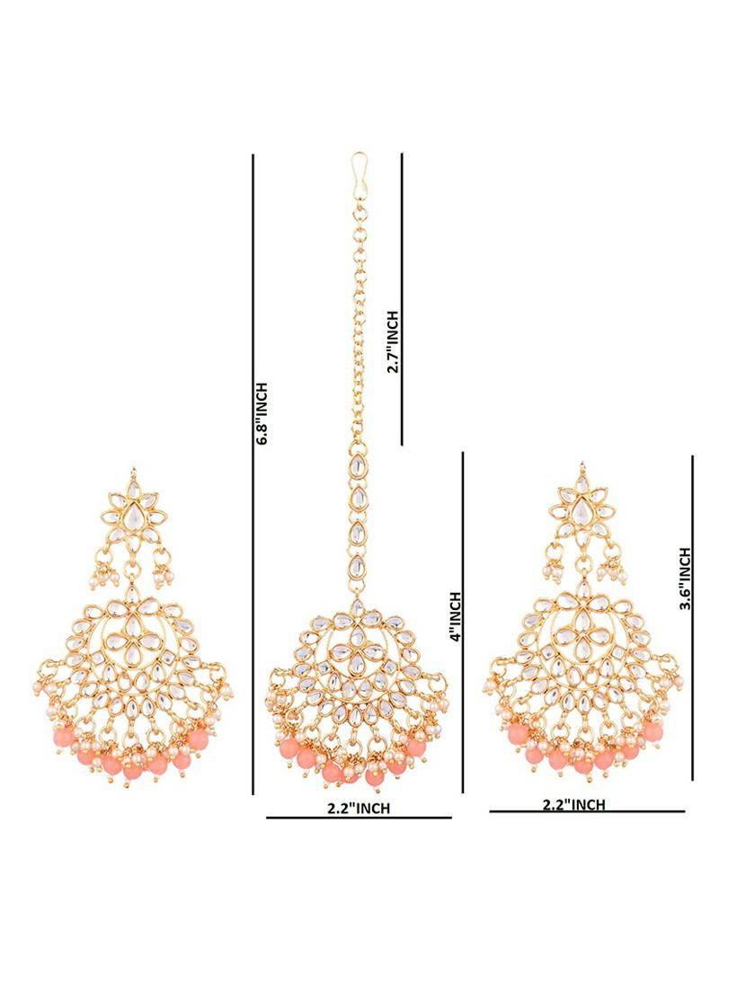 peach traditional kundan maang tikka earrings set - 17937886 - Zoom Image - 4