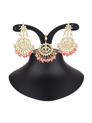 pink traditional kundan maang tikka earrings set - 17937887 - Standard Image - 5