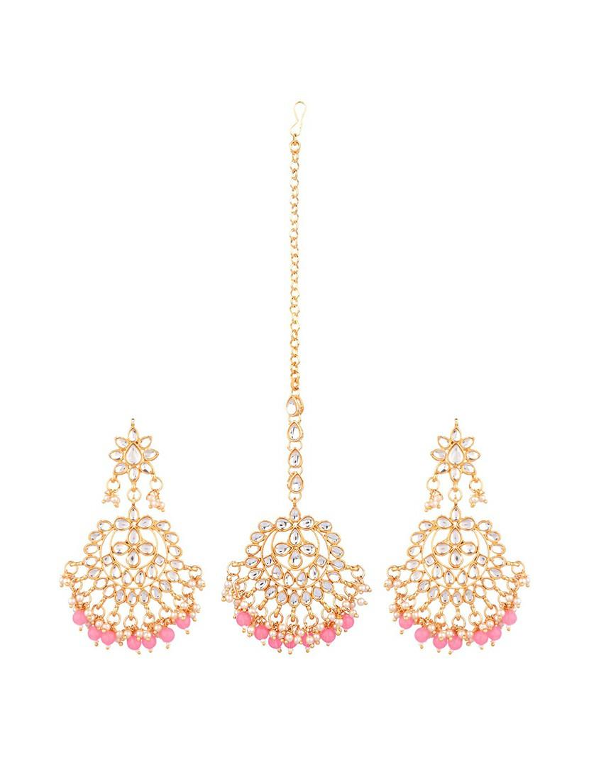 pink traditional kundan maang tikka earrings set - 17937887 - Zoom Image - 1