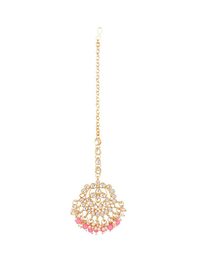 pink traditional kundan maang tikka earrings set - 17937887 - Zoom Image - 2