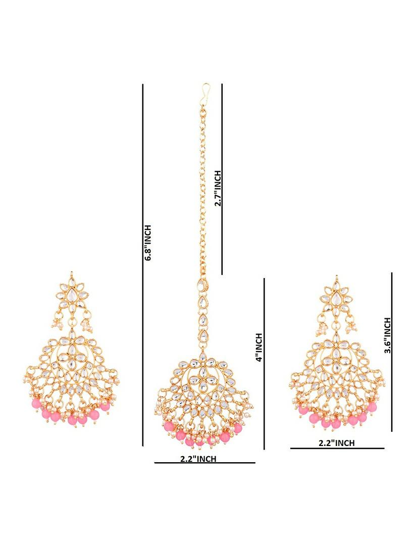 pink traditional kundan maang tikka earrings set - 17937887 - Zoom Image - 4