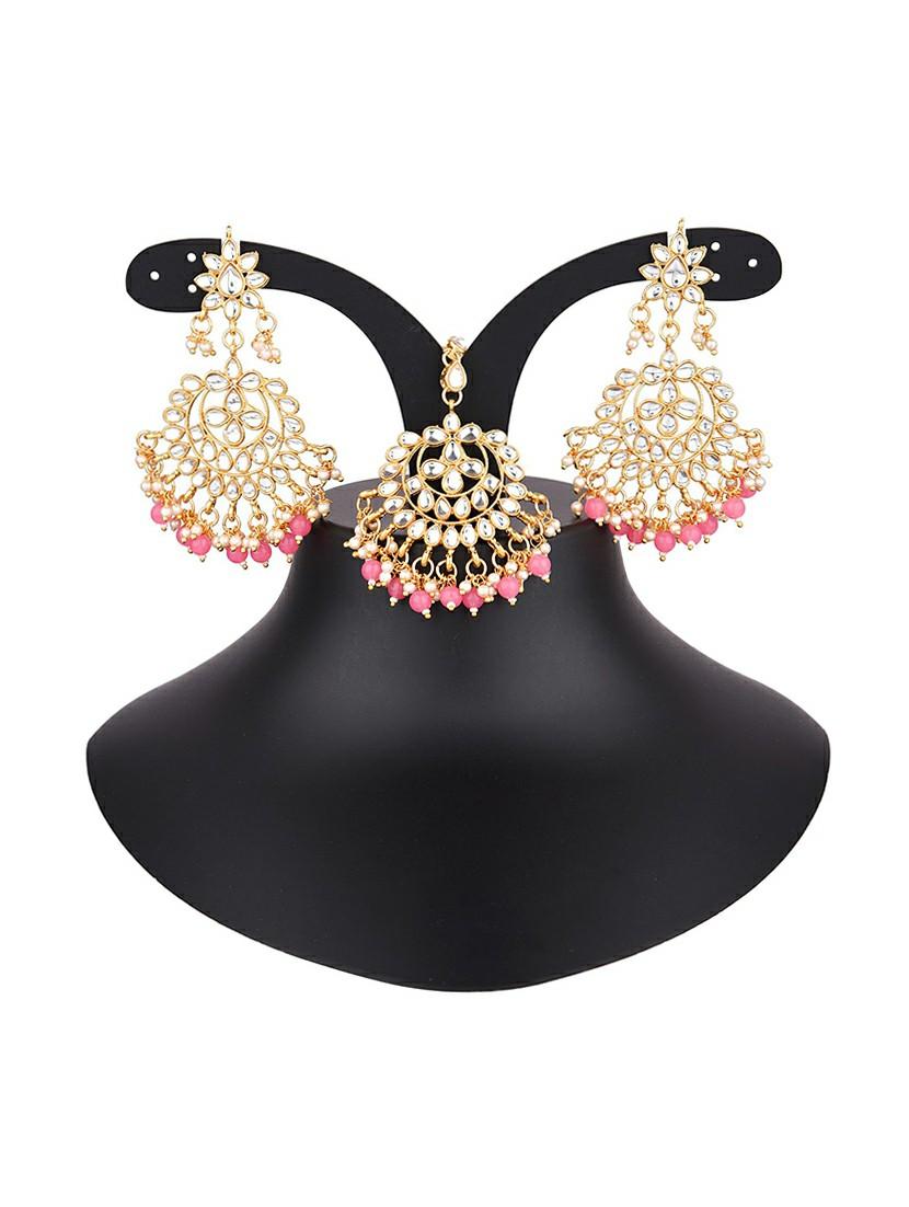 pink traditional kundan maang tikka earrings set - 17937887 - Zoom Image - 5