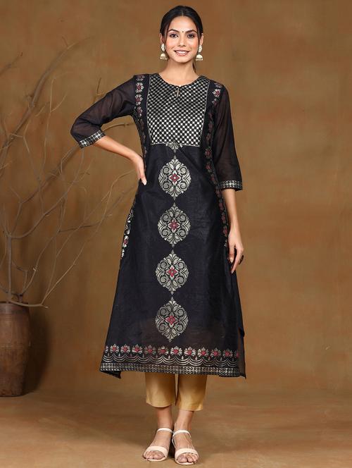 navy chanderi straight kurta - 17948113 - Standard Image - 1