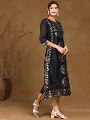navy chanderi straight kurta - 17948113 - Standard Image - 2