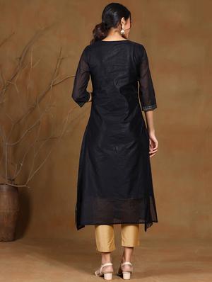 navy chanderi straight kurta - 17948113 - Standard Image - 3
