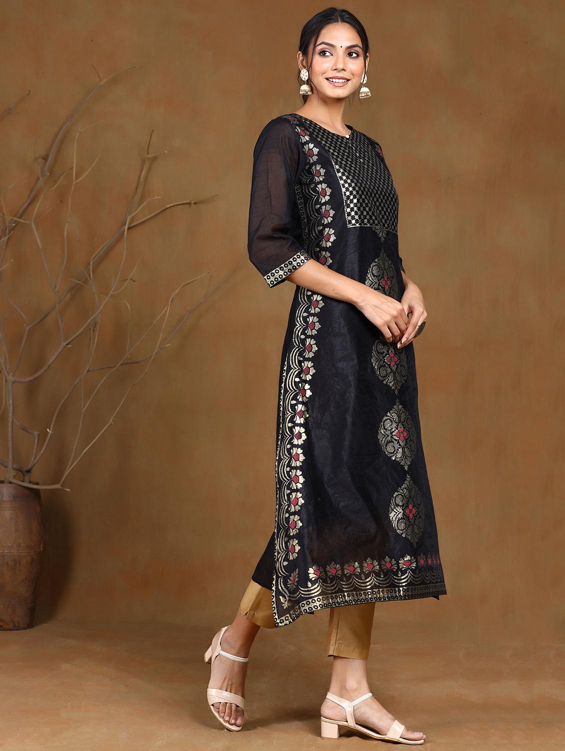 navy chanderi straight kurta - 17948113 - Zoom Image - 2